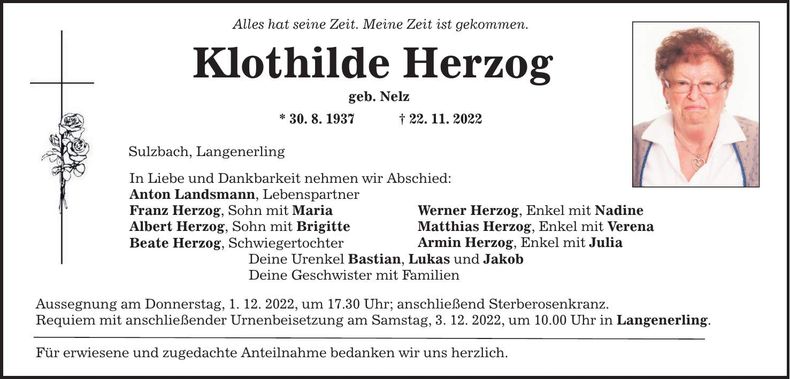 Traueranzeige Klothilde Herzog