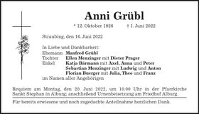 Traueranzeige Anni Grübl