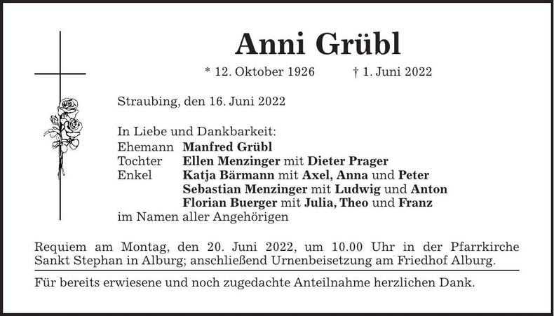 Traueranzeige Anni Grübl