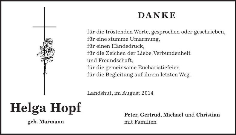 Traueranzeige Helga Hopf