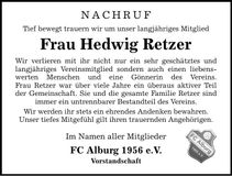 Traueranzeige Hedwig Retzer
