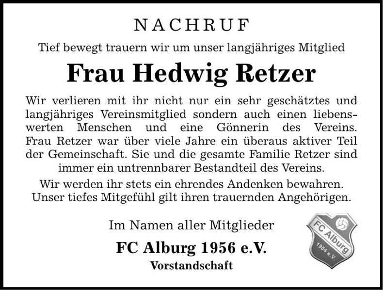 Traueranzeige Hedwig Retzer