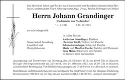 Traueranzeige Johann Grandinger
