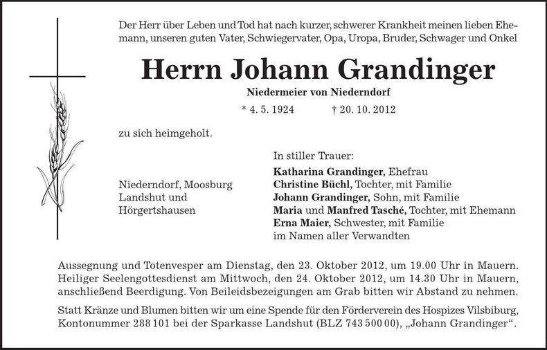 Traueranzeige Johann Grandinger