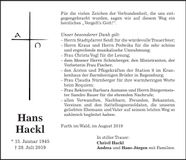 Traueranzeige Hans Hackl