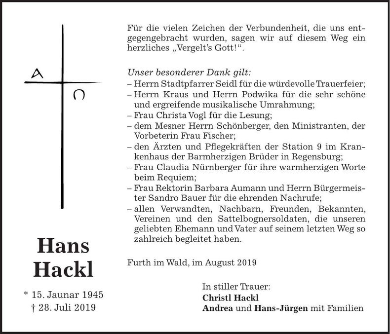 Traueranzeige Hans Hackl