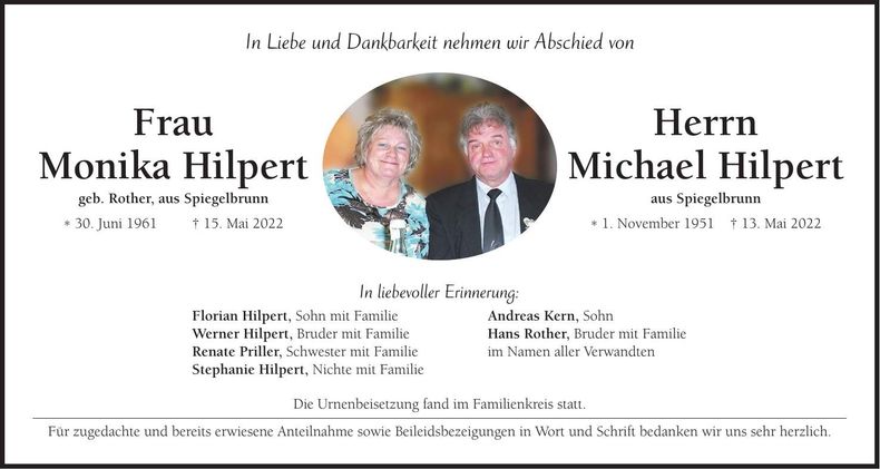 Traueranzeige Michael und Monika Hilpert
