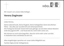 Traueranzeige Verena Zieglmaier