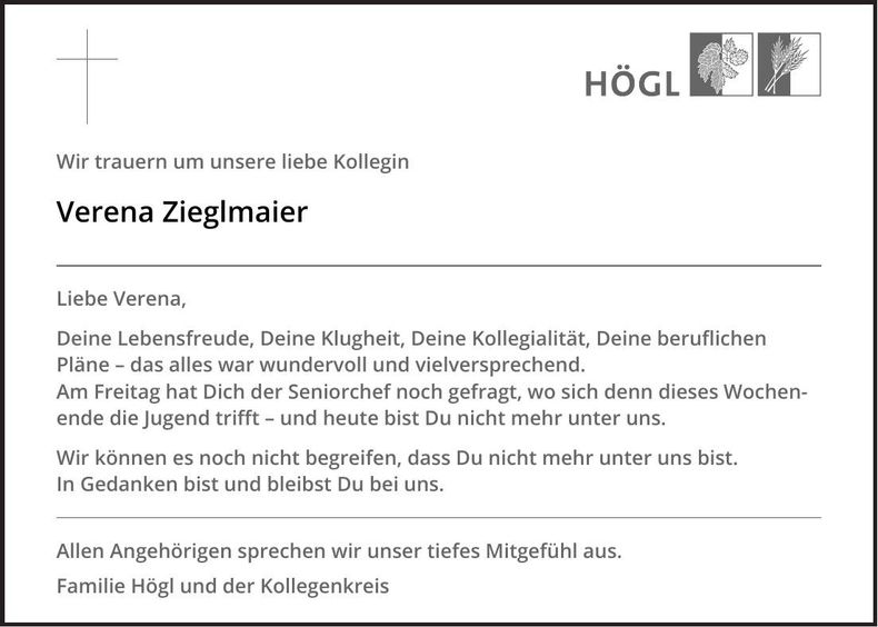 Traueranzeige Verena Zieglmaier