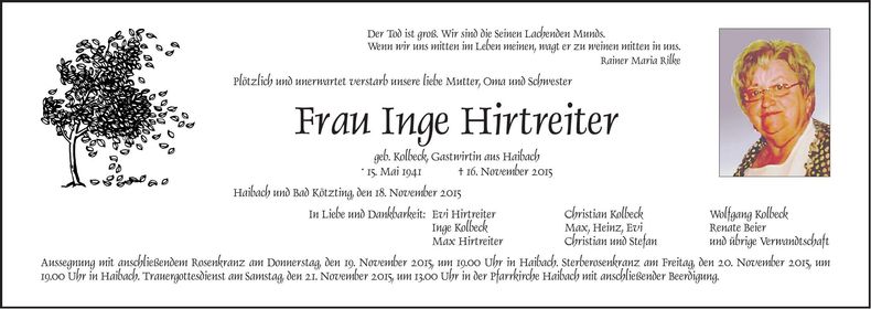 Traueranzeige Inge Hirtreiter