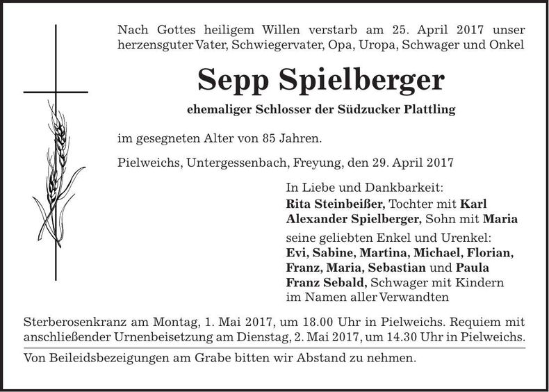 Traueranzeige Sepp Spielberger
