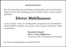 Traueranzeige Dieter Mühlhausen