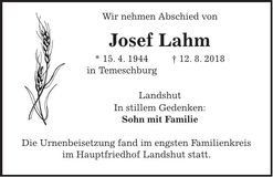 Traueranzeige Josef Lahm