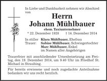 Traueranzeige Johann Mühlbauer