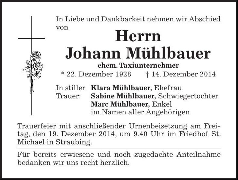Traueranzeige Johann Mühlbauer