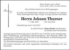 Traueranzeige Johann Thurner