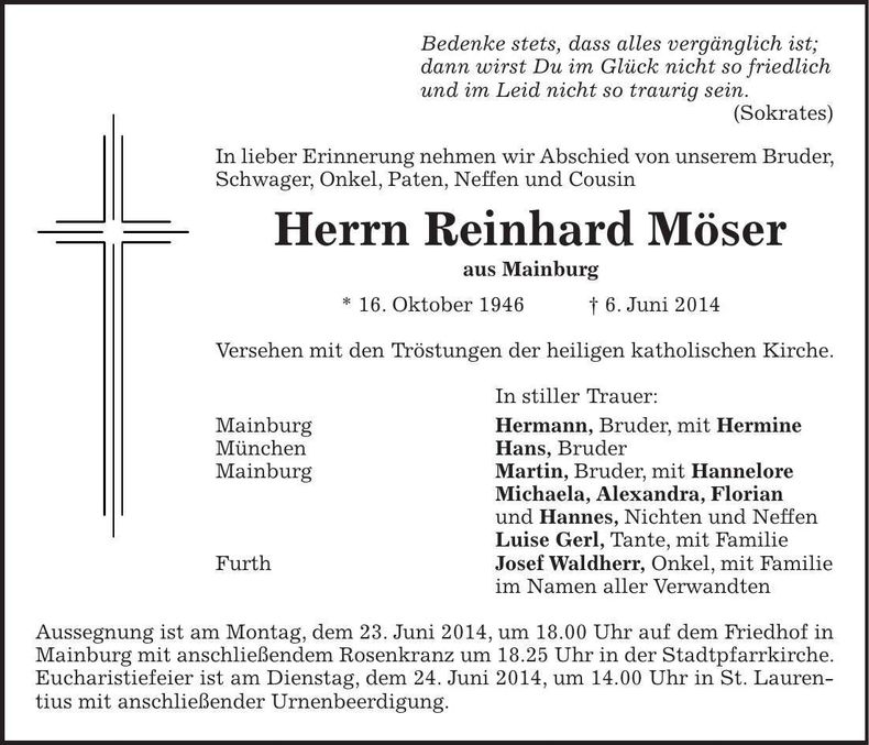Traueranzeige Reinhard Möser