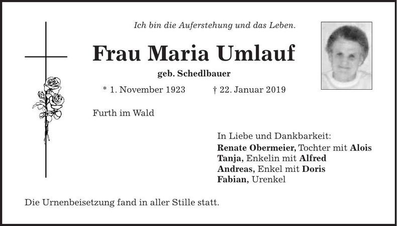 Traueranzeige Maria Umlauf