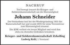 Traueranzeige Johann Schneider