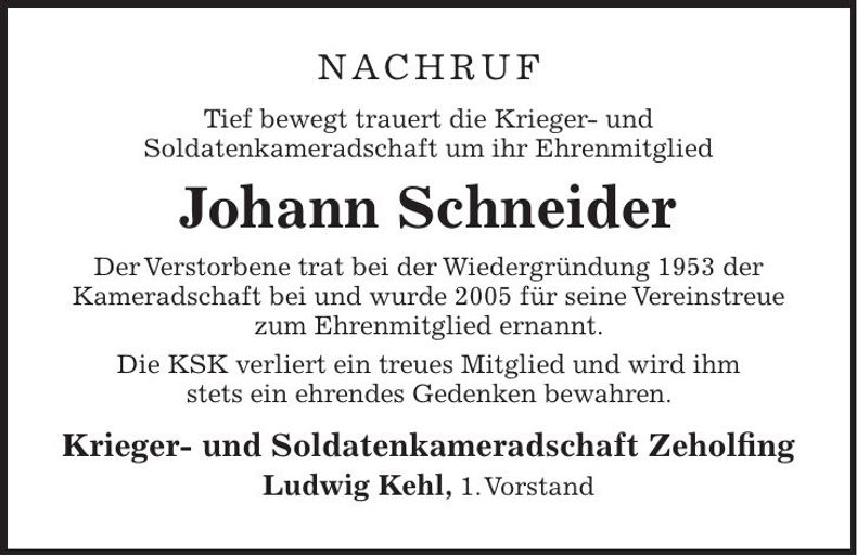 Traueranzeige Johann Schneider