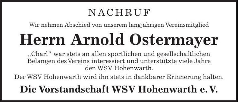 Traueranzeige Arnold Ostermyer