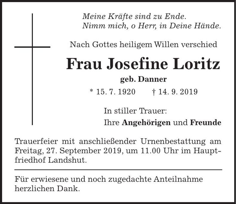 Traueranzeige Josefine Loritz