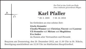 Traueranzeige Karl Pfaller