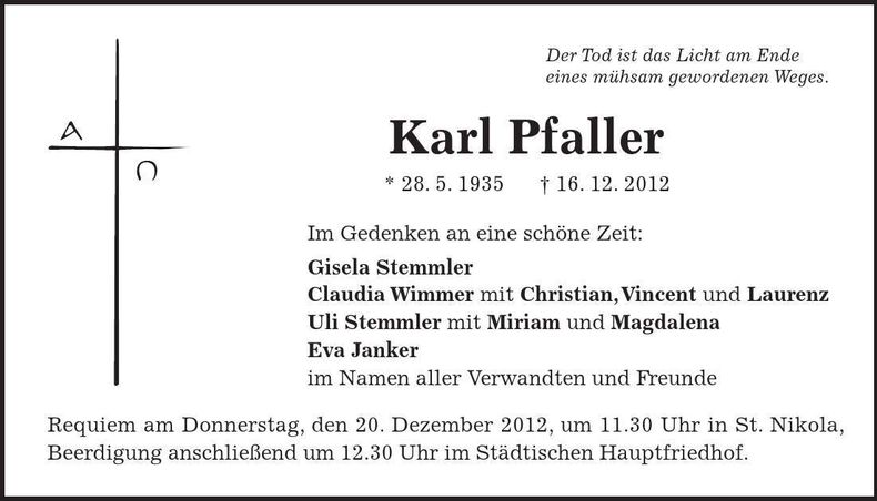 Traueranzeige Karl Pfaller