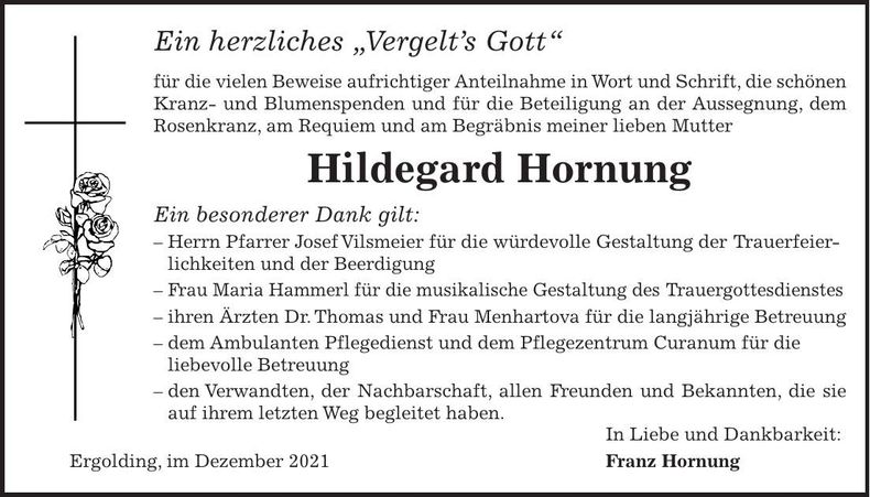 Traueranzeige Hildegard Hornung