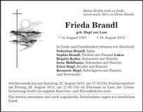 Traueranzeige Frieda Brandl