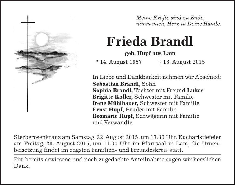 Traueranzeige Frieda Brandl