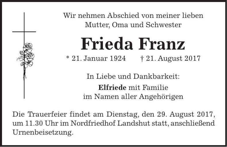 Traueranzeige Frieda Franz