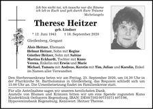 Traueranzeige Therese Heitzer