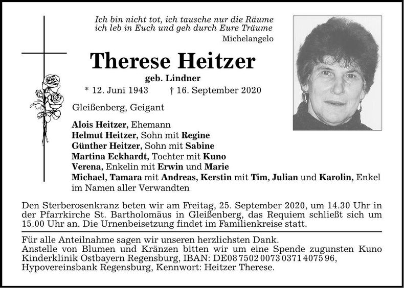 Traueranzeige Therese Heitzer