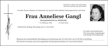 Traueranzeige Anneliese Gangl