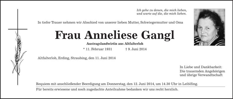 Traueranzeige Anneliese Gangl