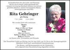 Traueranzeige Rita Gehringer