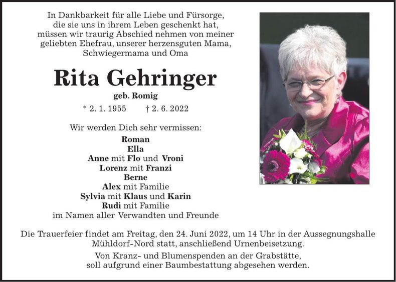 Traueranzeige Rita Gehringer