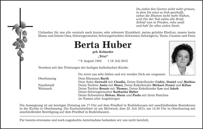 Traueranzeige Berta Huber