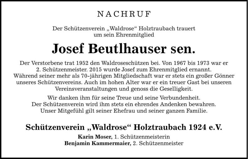 Traueranzeige Josef Beutlhauser