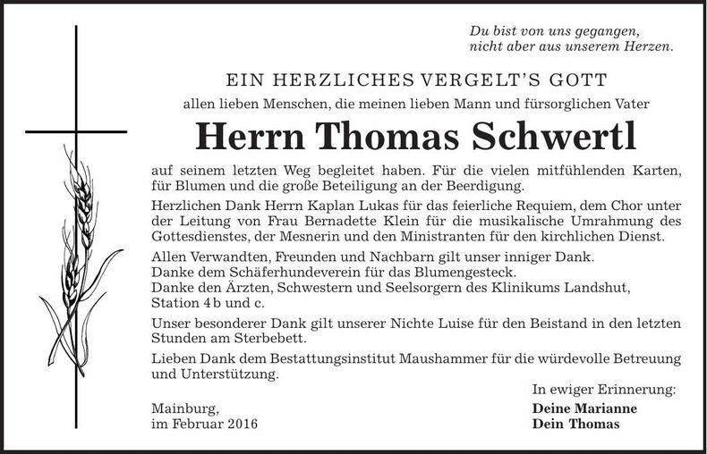 Traueranzeige Thomas Schwertl