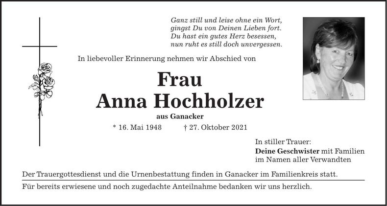 Traueranzeige Anna Hochholzer