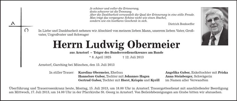 Traueranzeige Ludwig Obermeier