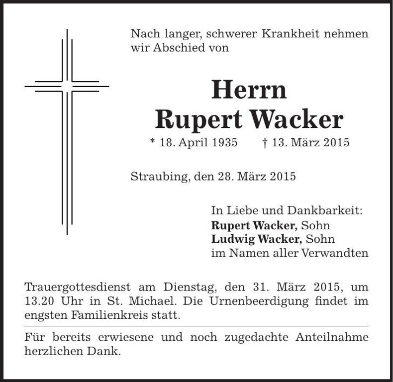 Traueranzeige Rupert Wacker