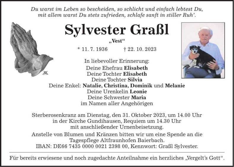 Traueranzeige Sylvester Graßl