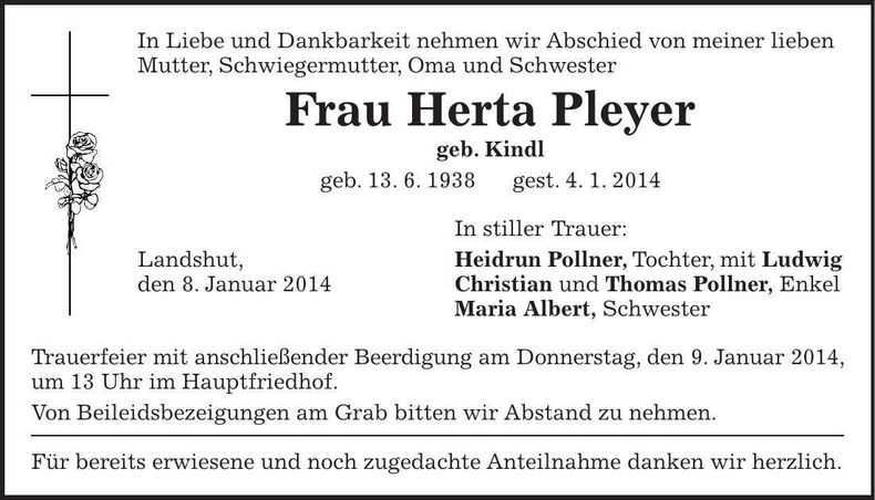 Traueranzeige Herta Pleyer