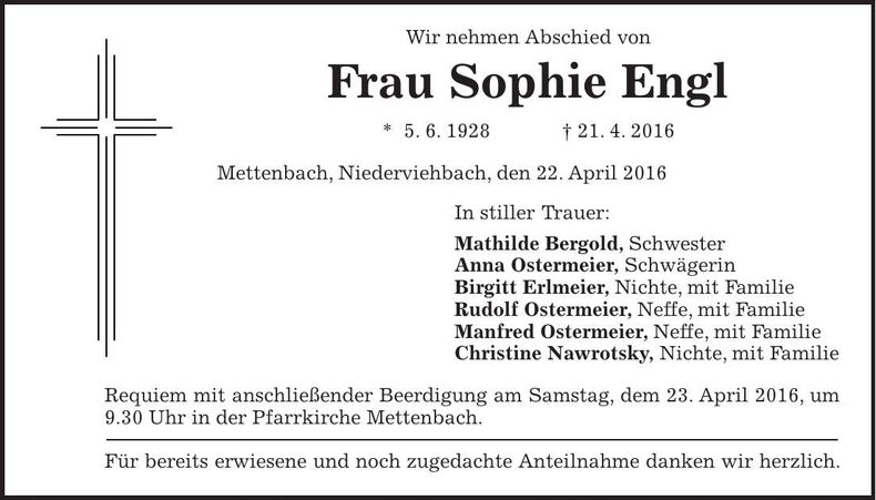 Traueranzeige Sophie Engl