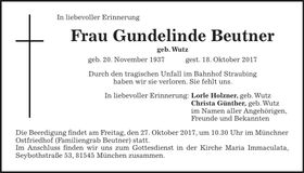 Traueranzeige Gundelinde Beutner