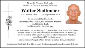 Traueranzeige Walter Sedlmeier