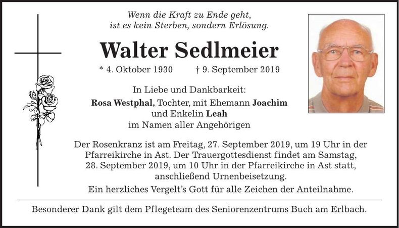 Traueranzeige Walter Sedlmeier